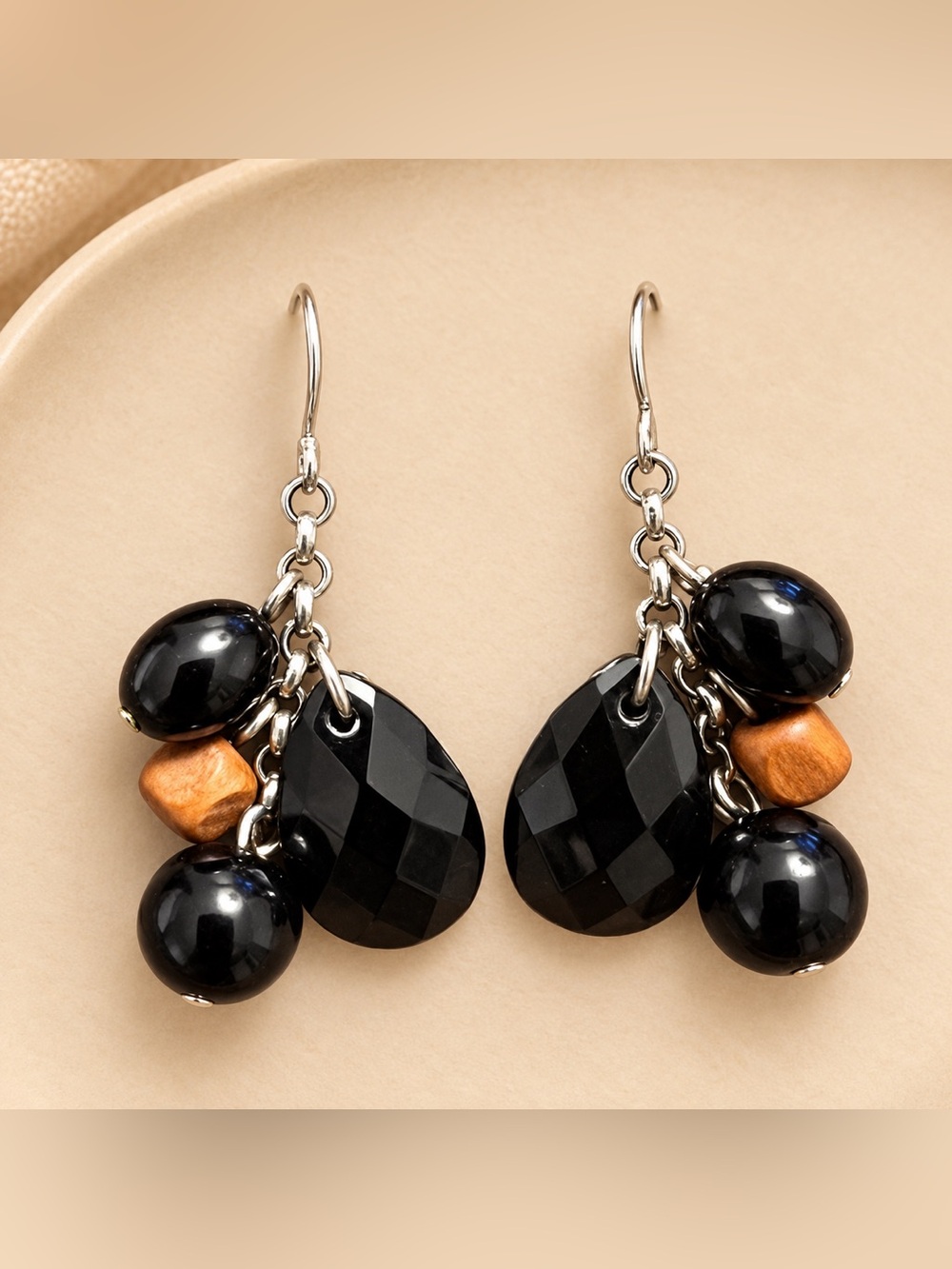 Premier Designs SERENDIPITY Black Wood Beads Silvertone New 1.5" #420